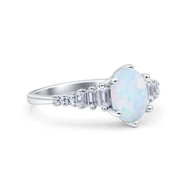 Vintage Style Oval Bridal Wedding Engagement Ring Baguette Lab Created White Opal 925 Sterling Silver